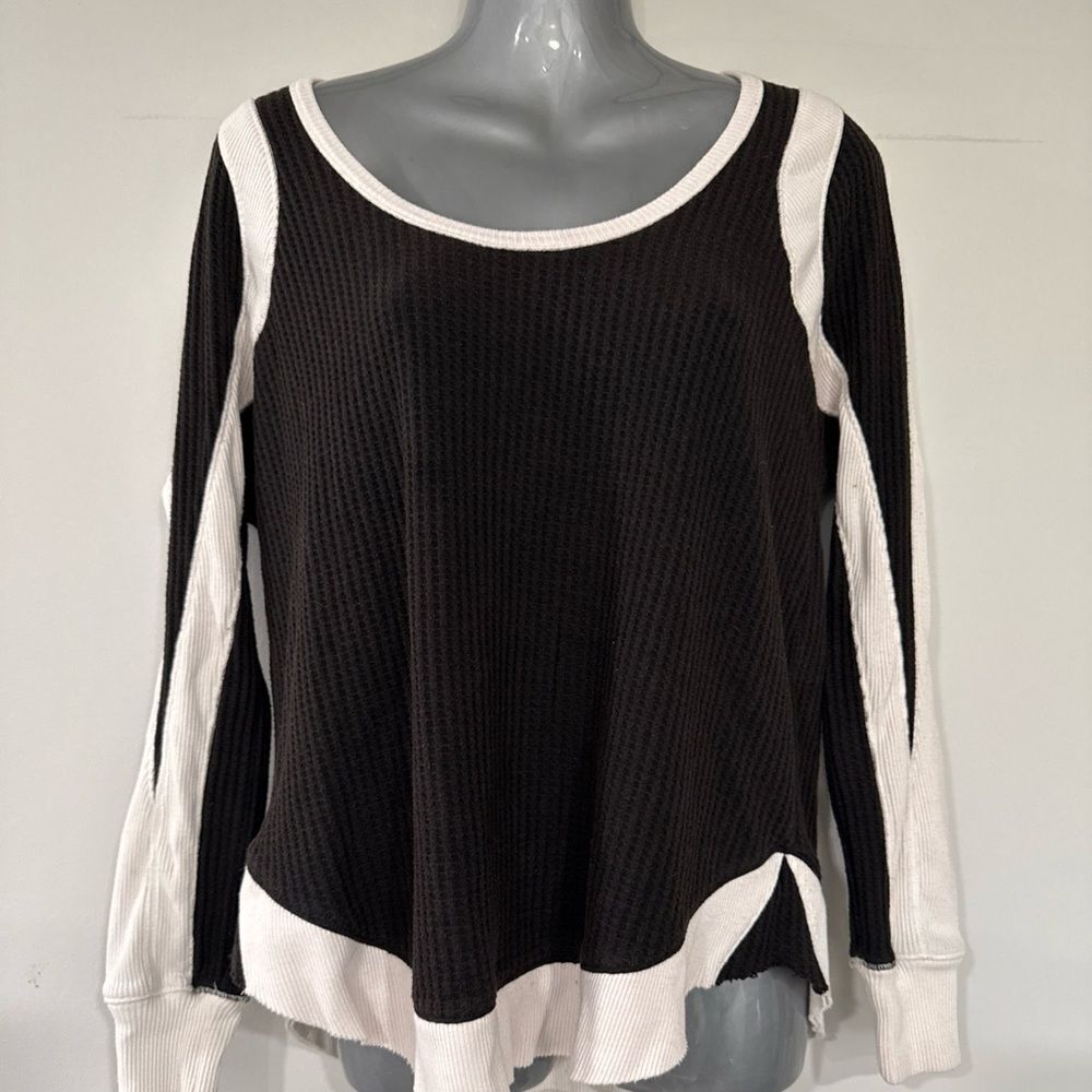 Free People One Small Black Waffle Cotton Henley Thermal RawEdge Top